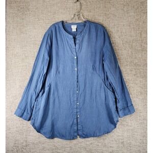 Sigrid Olsen 100% Linen Long Tunic Blouse Pockets Roll Tab Womens Large Blue